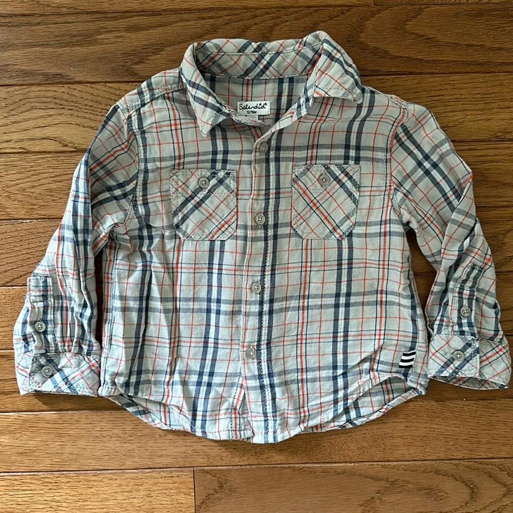 👶🏻 SPLENDID BABY Boys Button Down Shirt 12-18 months tan red blue euc